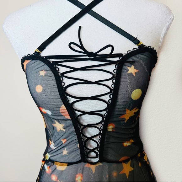 NWT Black Moon Star Chain Pattern Lace Up Mesh Strappy Rave Lingerie Bodysuit - Picture 8 of 11